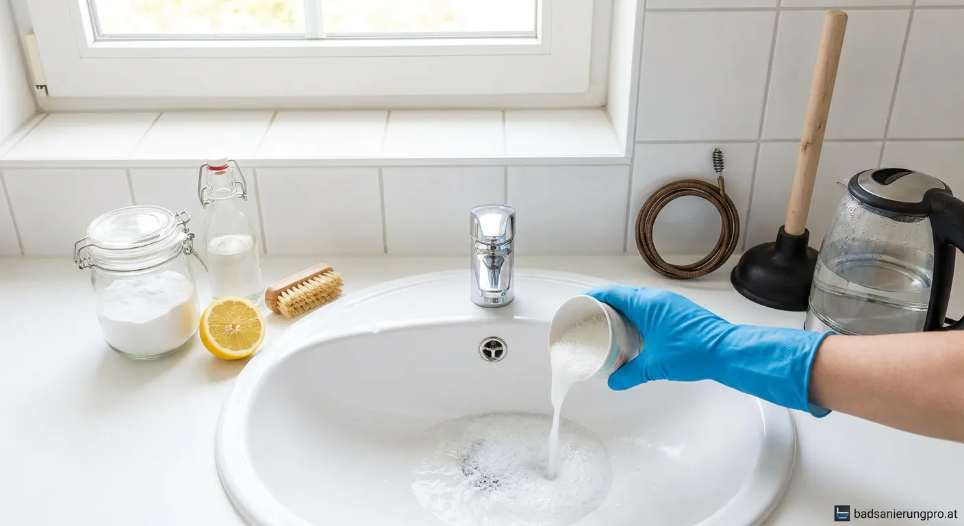 Hand reinigt Küchenabfluss mit Haushaltsmitteln