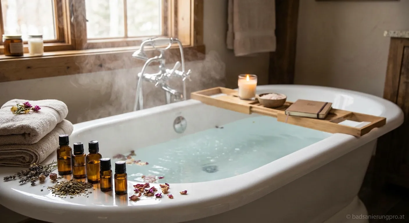 Badewanne mit ätherischen Ölen, Salz und Lavendelblüten als Badezusatz