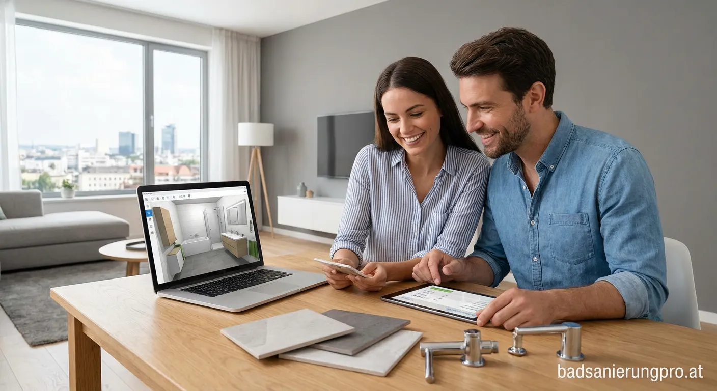 Helles modern saniertes Badezimmer mit Holzelementen und Bewertung online Grafik