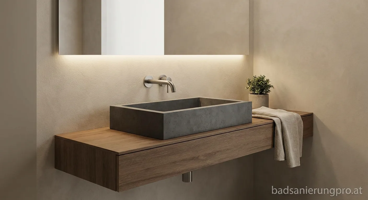 Modernes graues Beton-Waschbecken auf hölzernem Waschtisch im Badezimmer