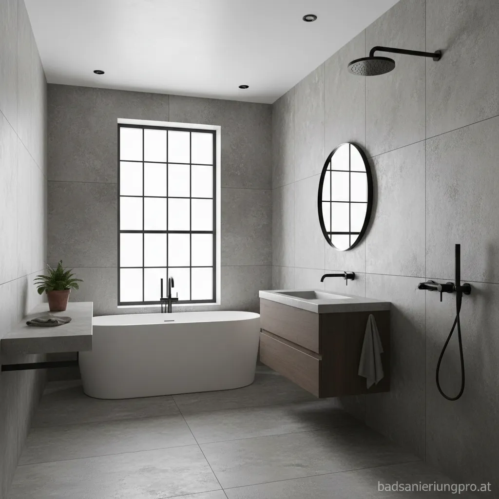 Großformatige Betonoptik-Fliesen im industrial Stil in einem modernen Wohnzimmer