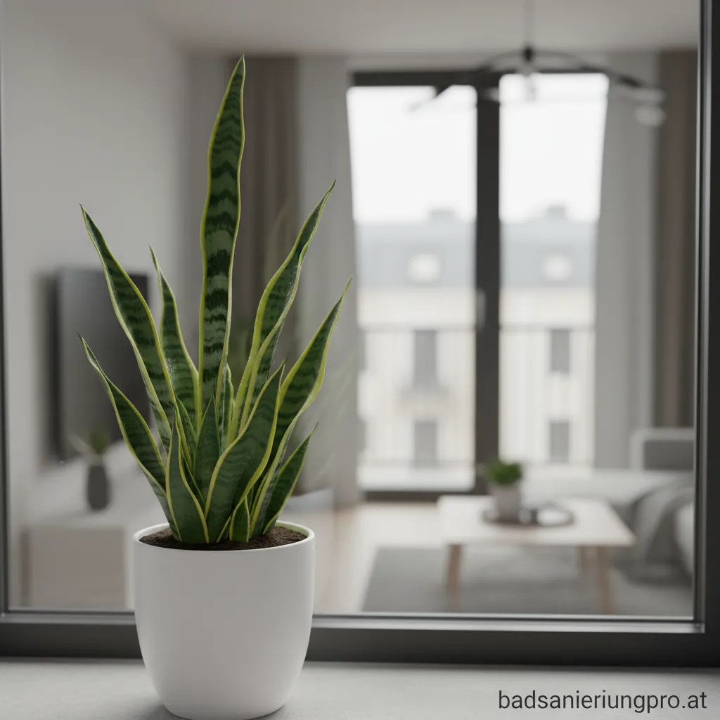 Ein Bogenhanf (Sansevieria trifasciata) in einem stilvollen Keramiktopf.