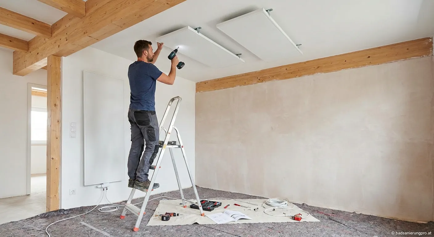 Montage einer weißen Infrarot Deckenheizung im Badezimmer