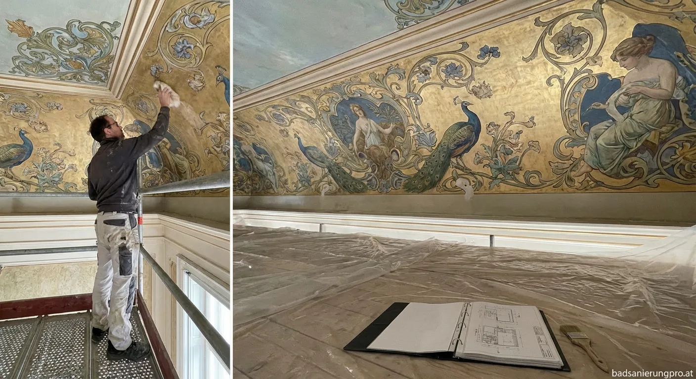 Professionelle Restaurierung einer historischen Jugendstil Deckenmalerei in einem denkmalgeschützten Gebäude