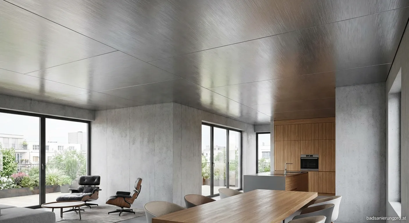 Moderne Deckenverkleidung aus Metall in einem zeitlosen Wohnraum