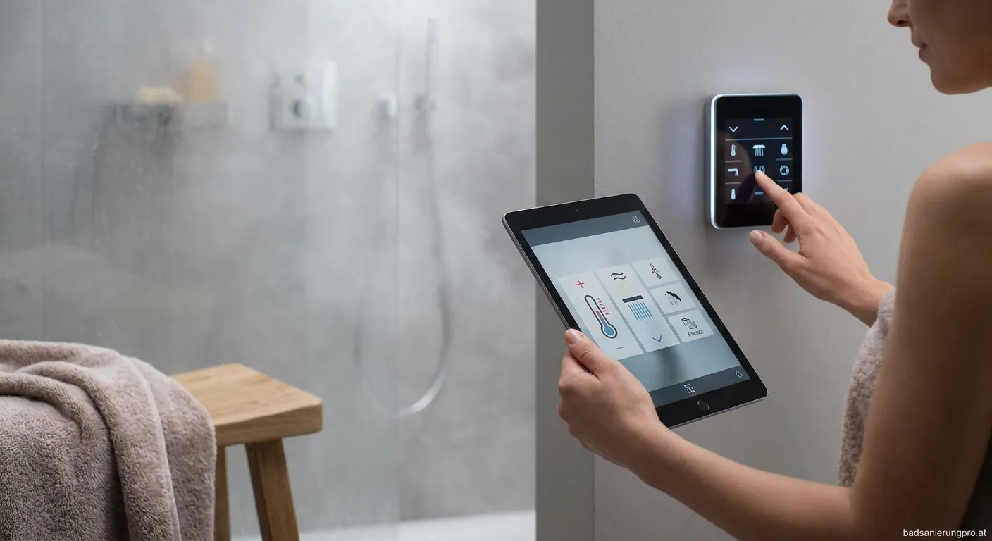 Moderne digitale Duschanlage mit Programmierdisplay in einem sanierten Badezimmer