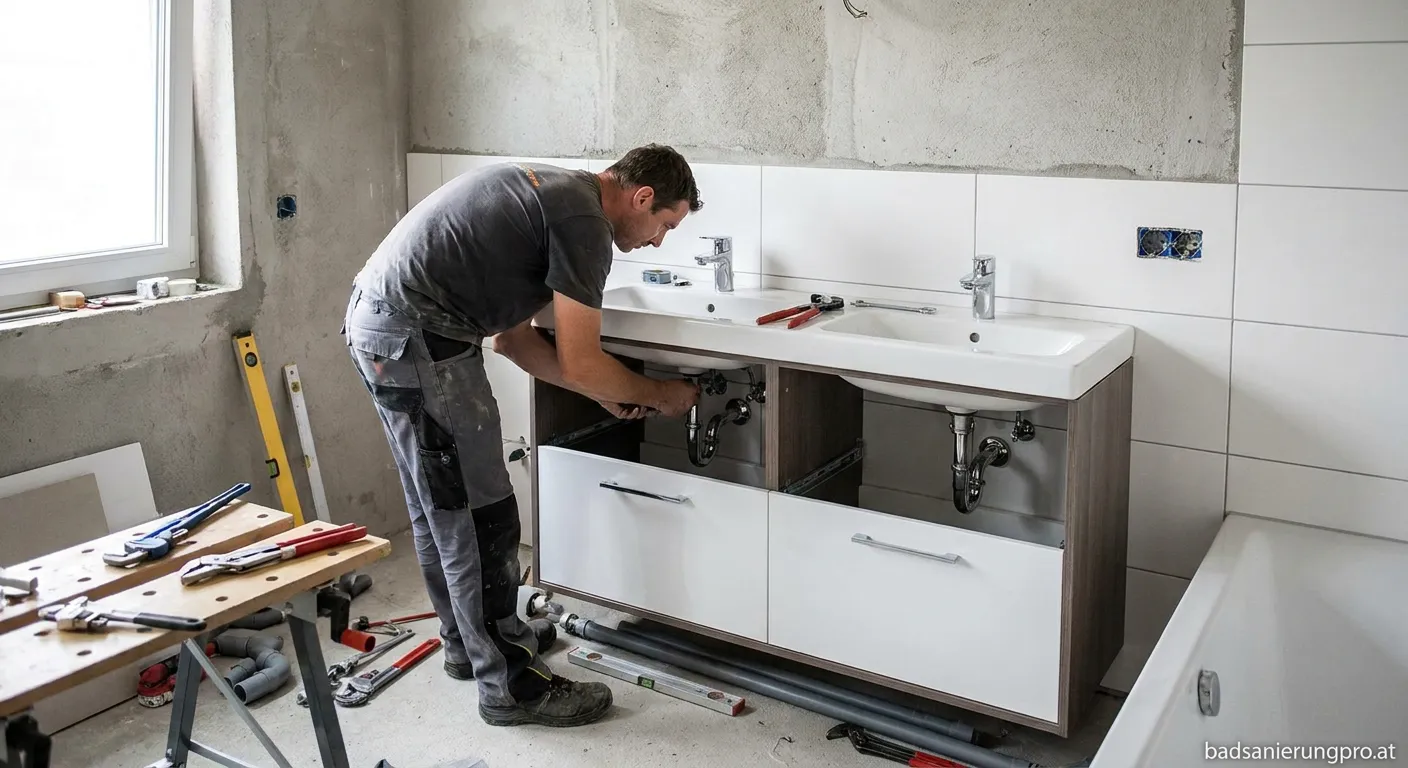 Doppelwaschtisch installieren mit modernen Armaturen im sanierten Badezimmer