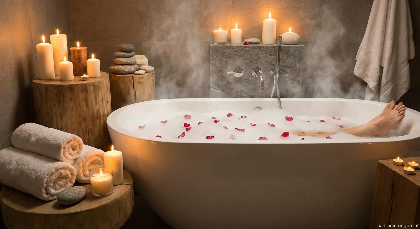 Duftkerzen im modernen Badezimmer mit entspannender Wellness-Atmosphäre und sanftem Kerzenschein
