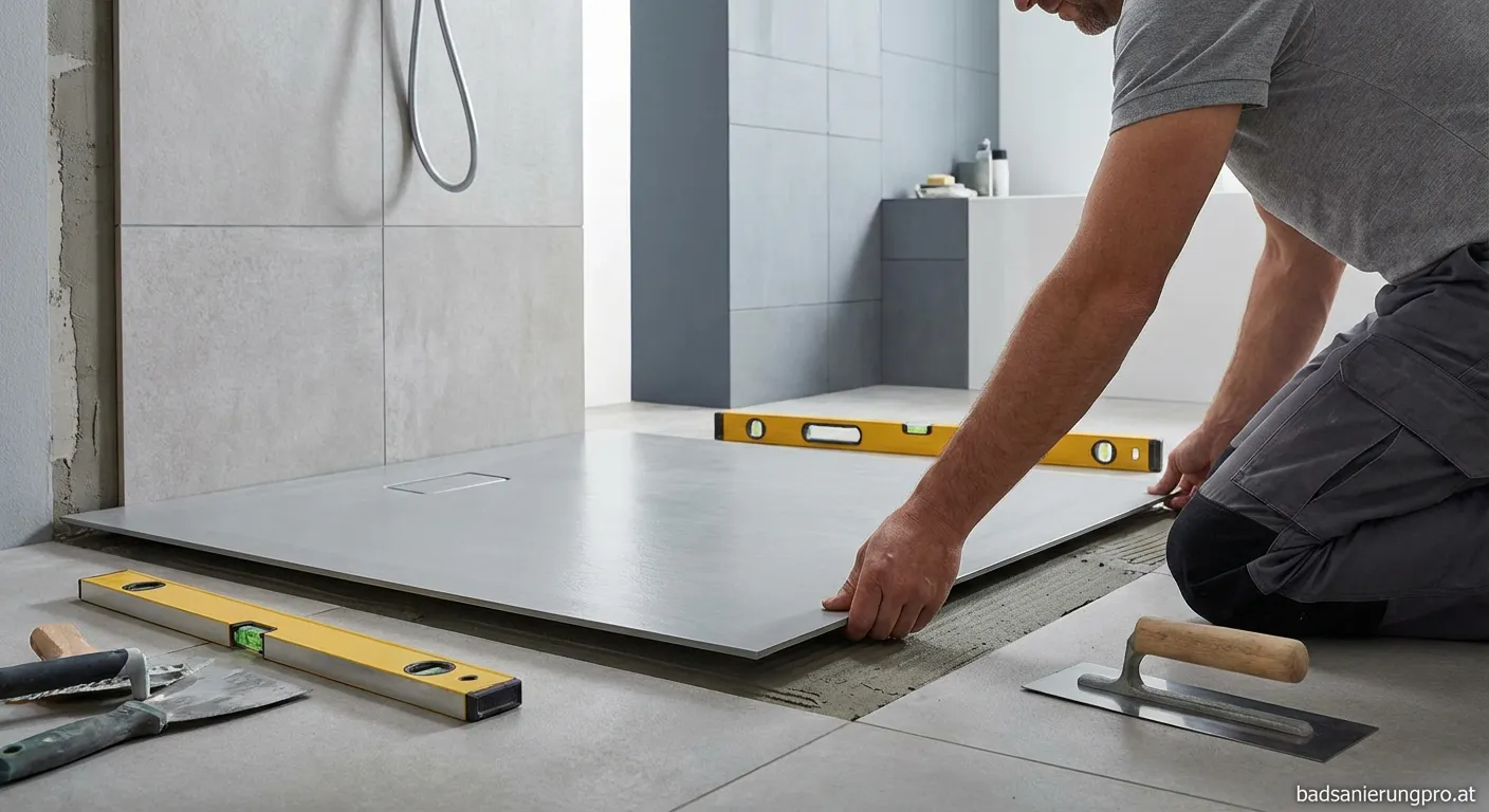 Moderne superflache Duschtasse im Badezimmer montiert