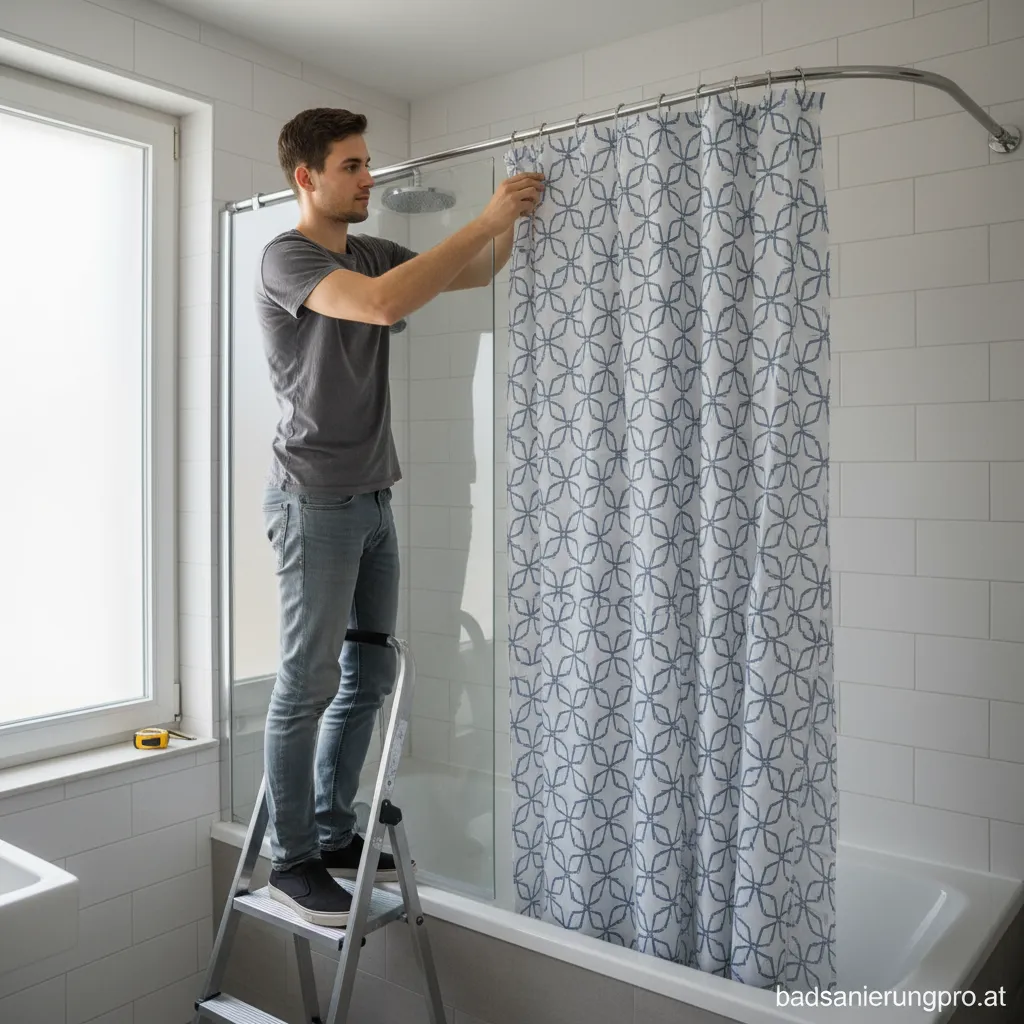 Ein weißer Duschvorhang hängt an einer Teleskopstange in einem modernen Badezimmer.
