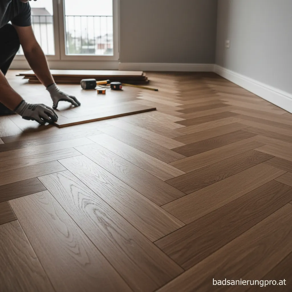 Detailaufnahme von professionell verlegtem Parkett im Fischgrät-Muster