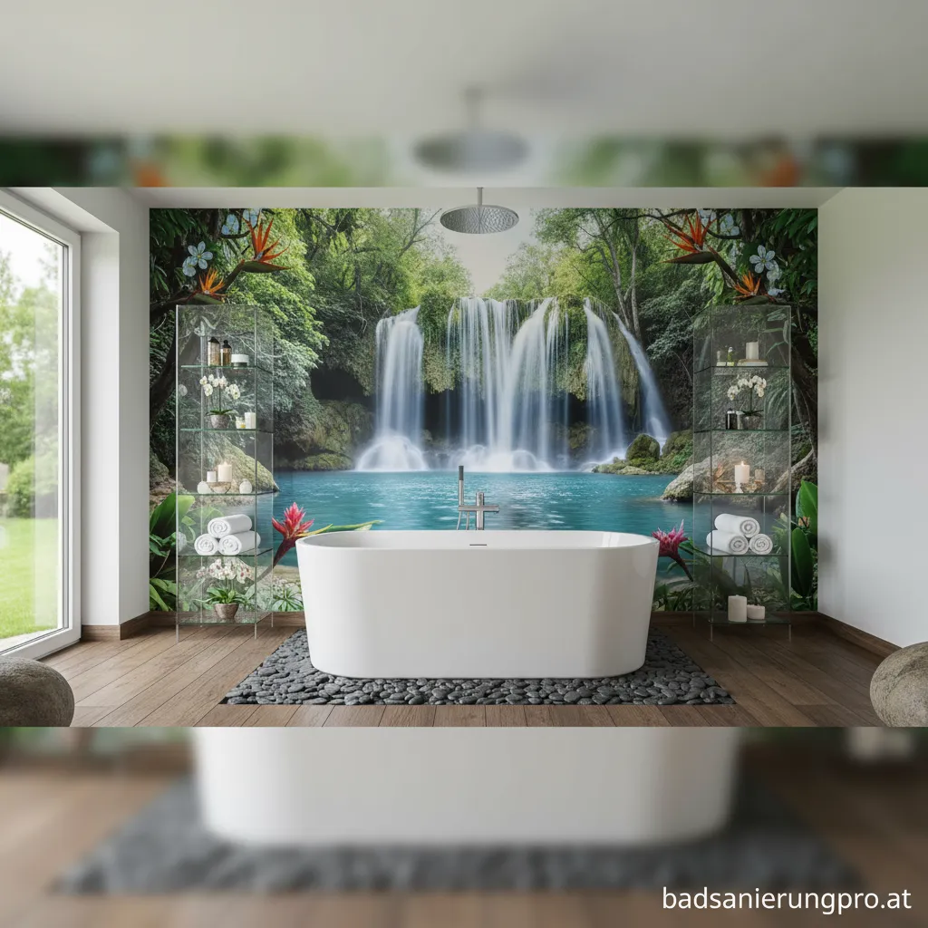 Modernes Badezimmer, das durch eine Fototapete mit einem beruhigenden Wald-Motiv aufgewertet wird.