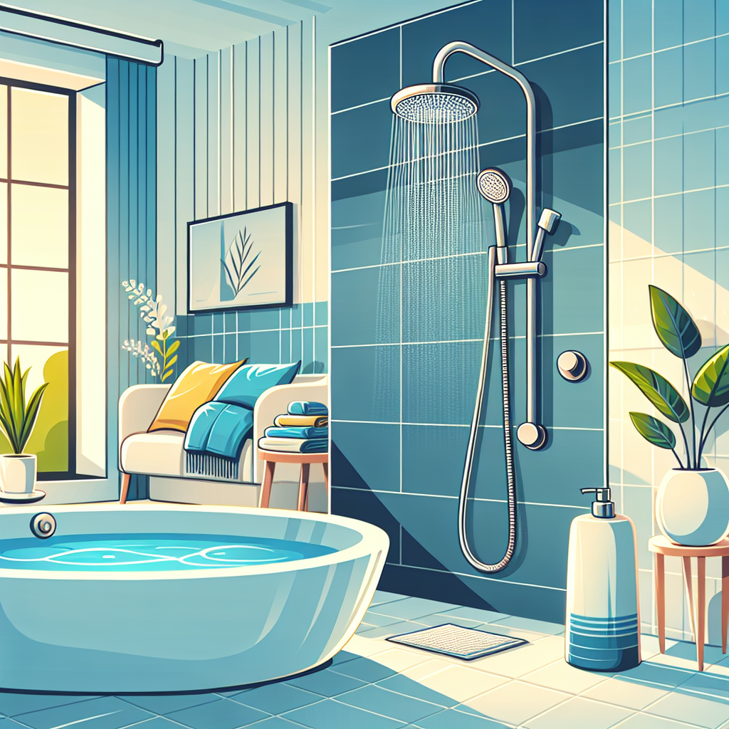 Neue, glänzende Handbrause mit Schlauch wird an einer Duschstange montiert.