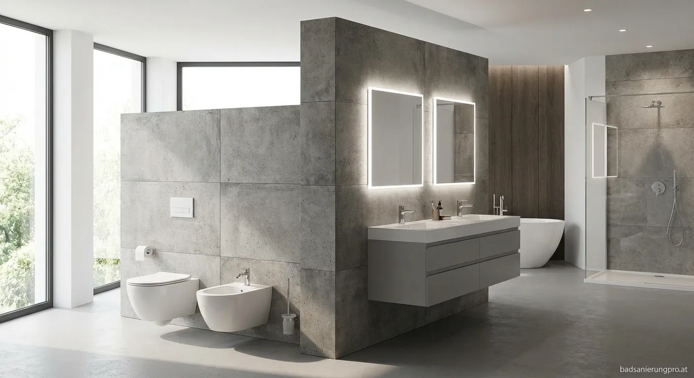 Installationswand freistehend im modernen Badezimmer mit Waschtisch