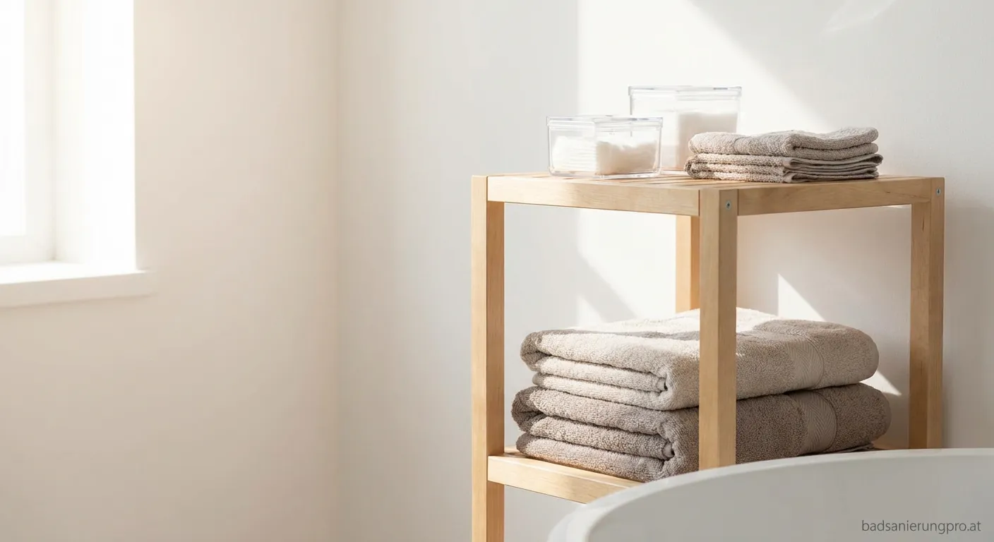 Aufgeräumtes Badezimmerregal mit gefalteten Handtüchern nach Konmari Methode Bad