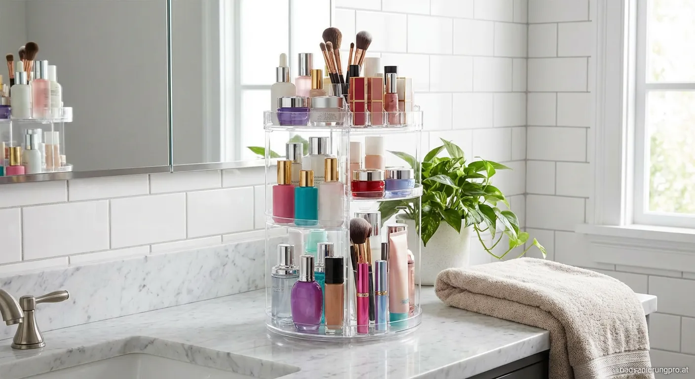 Drehbarer Kosmetik-Organizer aus transparentem Acryl auf weißem Waschtisch