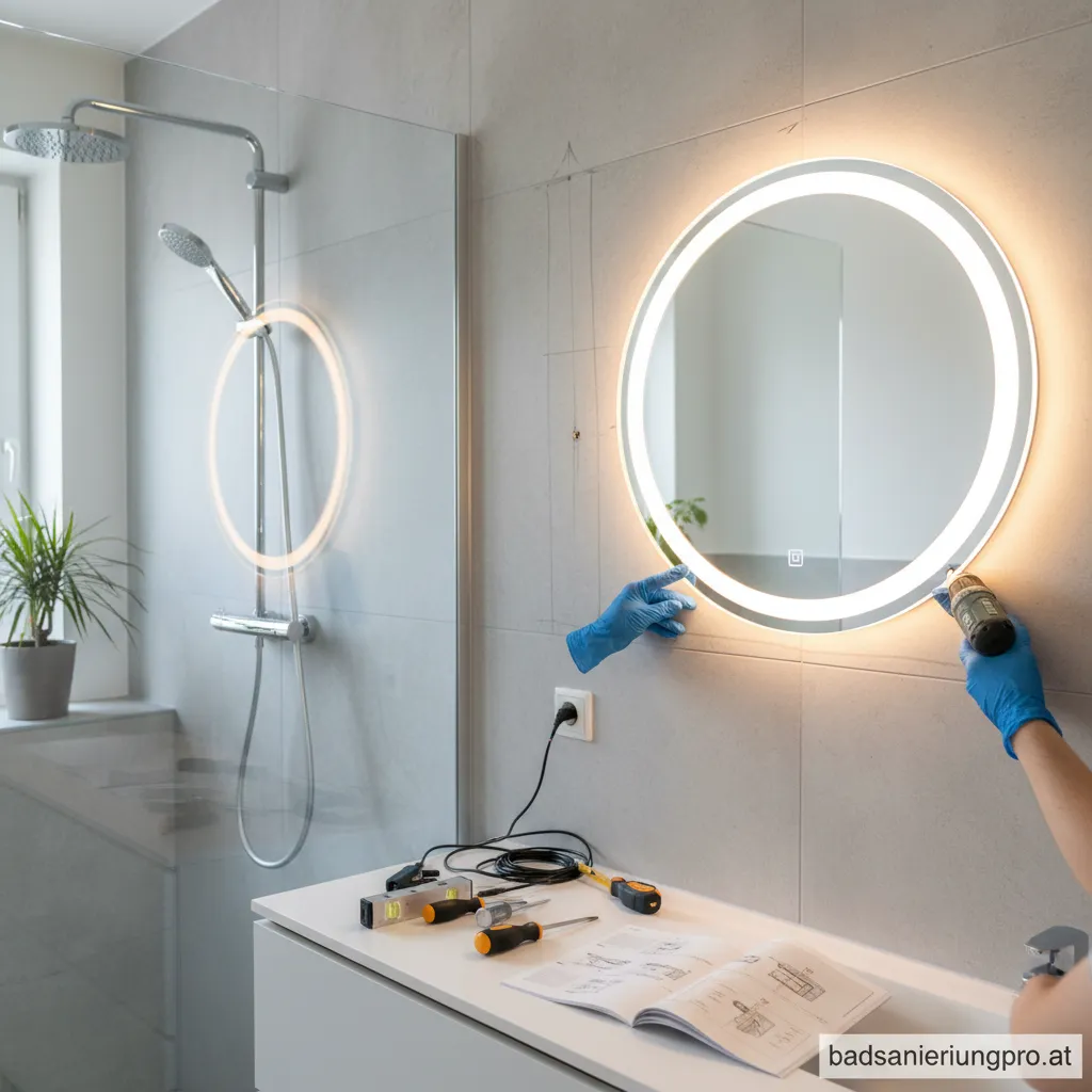 Nahaufnahme eines modernen, beleuchteten Kosmetikspiegels, der an einer Badezimmerwand montiert ist.