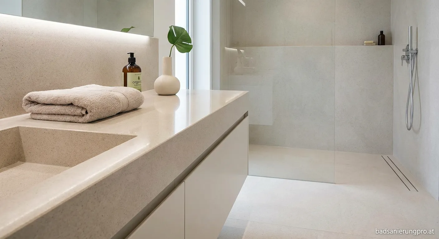 Pflegeleichte Kunststein-Oberfläche in einem modern gestalteten Badezimmer mit Waschbecken