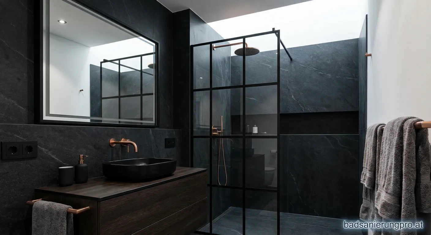 Luxuriöses Badezimmer in kupfer und schwarz trendigem Design mit modernen Armaturen