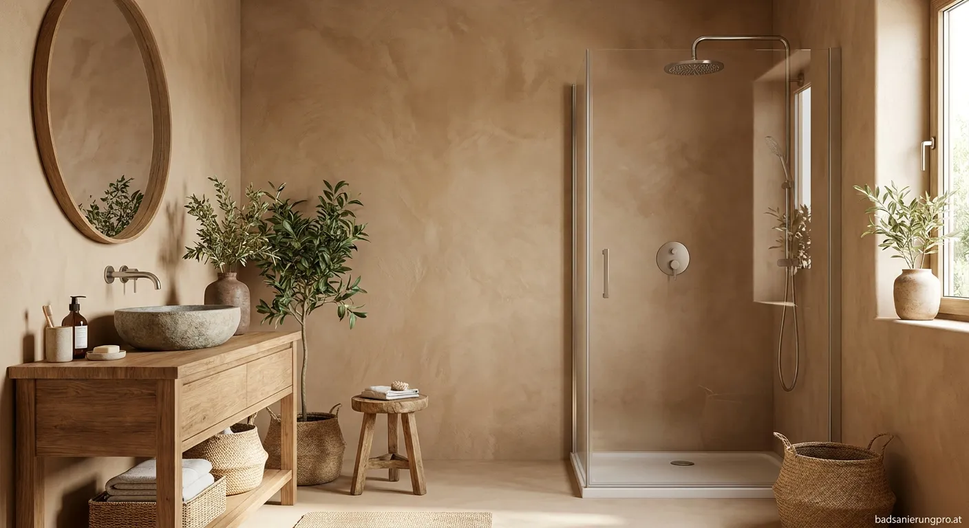 Modernes Badezimmer mit natürlichem Lehmputz an den Wänden - gesundes Wohnklima