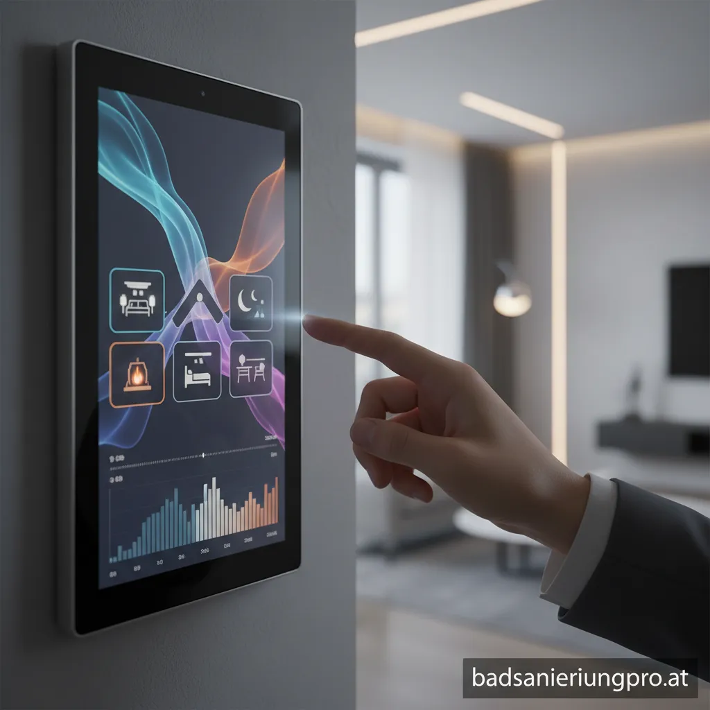 Eine Person, die auf einem Tablet verschiedene Lichtstimmungen für ein modernes Wohnzimmer programmiert.