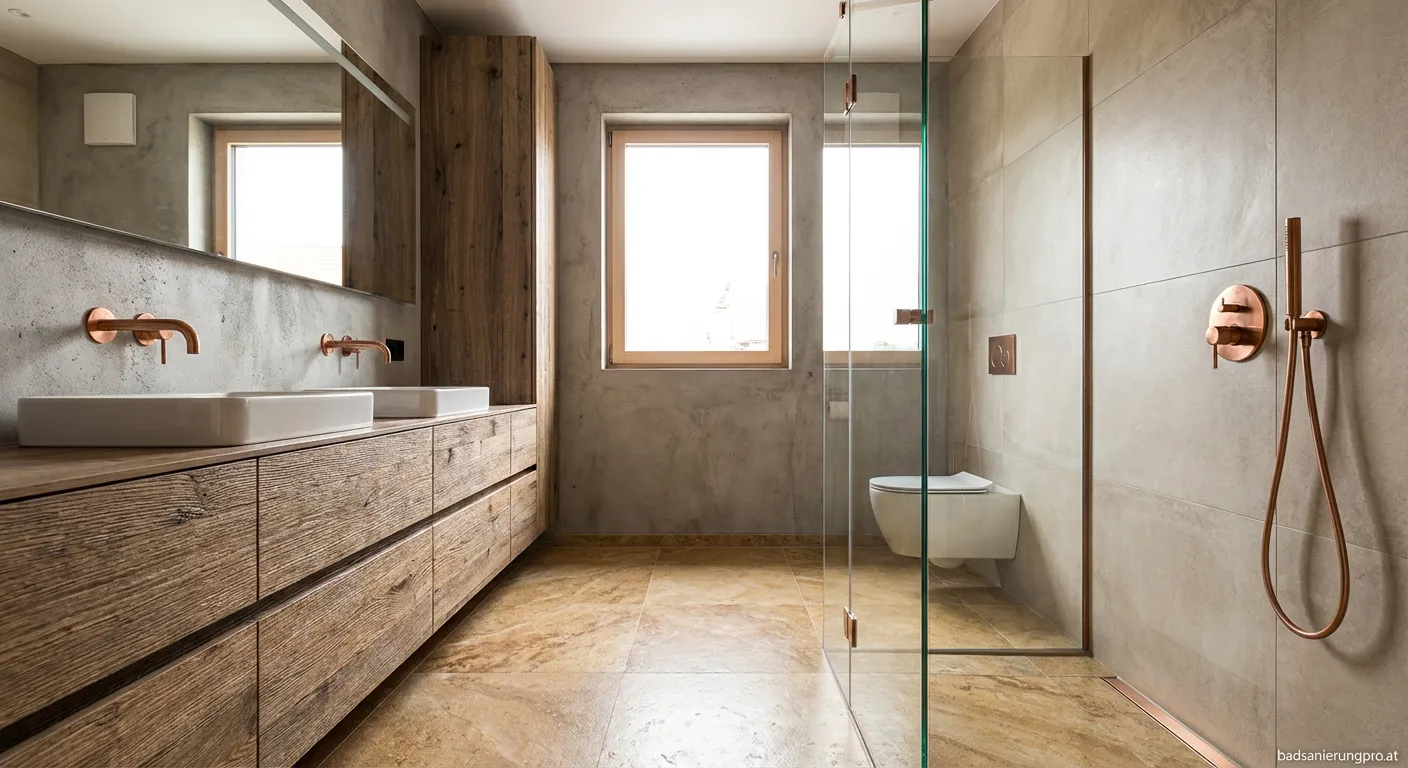 Harmonische Materialkombination aus Natursteinfliesen und Holzelementen im modernen Badezimmer