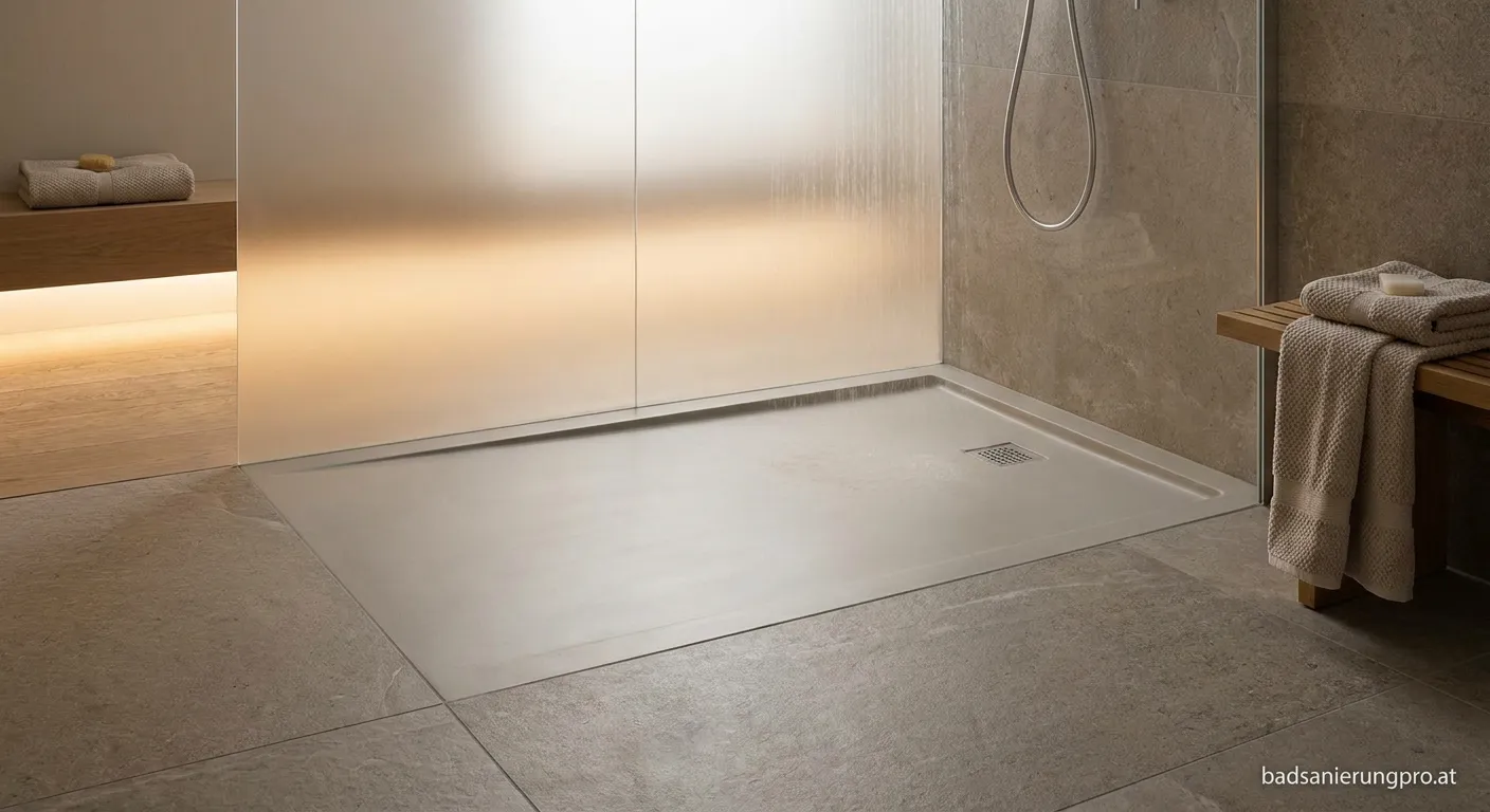 Edle Mineralguss-Duschwanne in modernem Bad mit Steinoptik