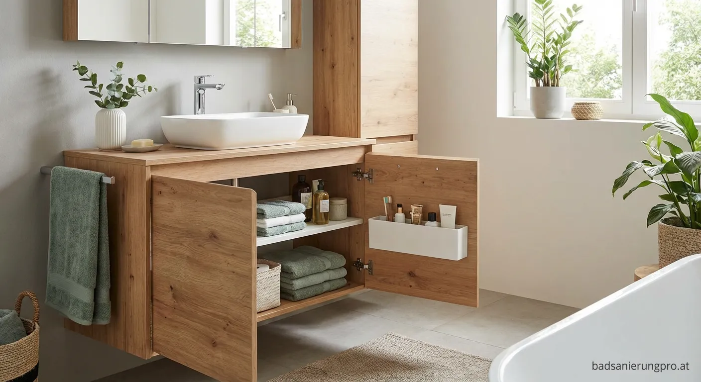 Eleganter Möbelwaschtisch mit Unterschrank und beleuchtetem Spiegel in modernem Badezimmer