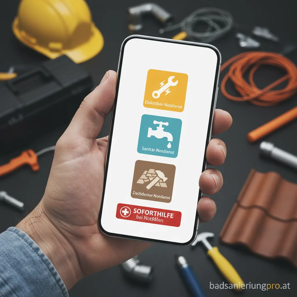 Eine Frau sucht in ihrem Smartphone nach **Notfallkontakte Handwerker**.