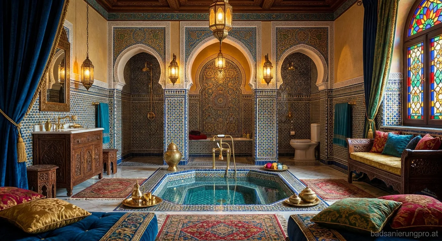 Orientalisch opulent farbenfroh gestaltetes Bad mit marokkanischen Fliesen und goldenen Akzenten