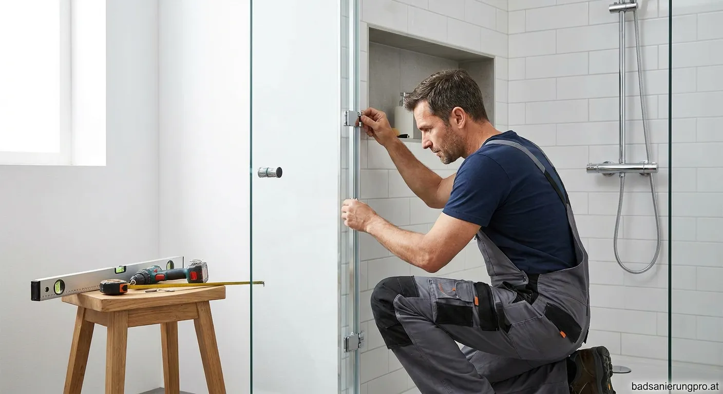 Handwerker passt Pendeltür präzise an Badezimmer-Nische während professioneller Sanierung an