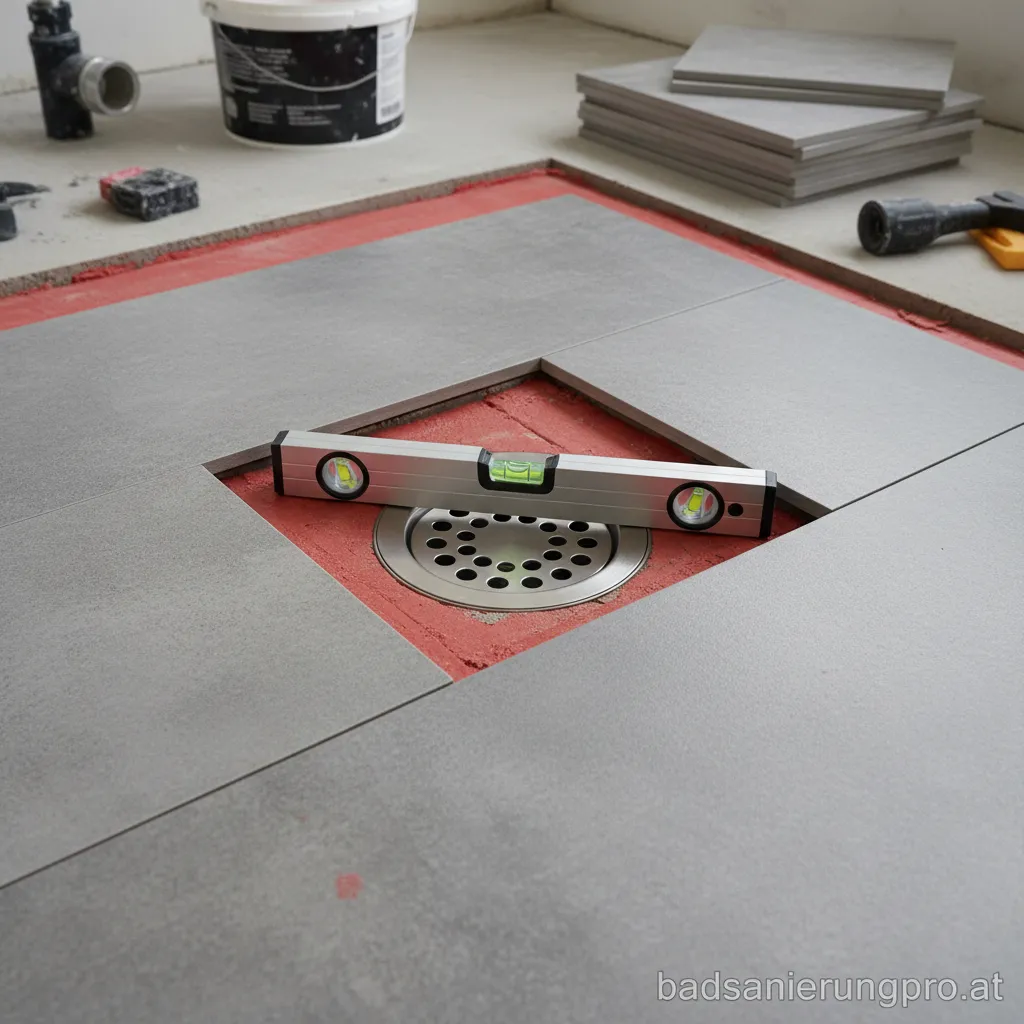 Zentrierter Punktablauf in einer modernen, bodengleichen Dusche mit grauen Fliesen.