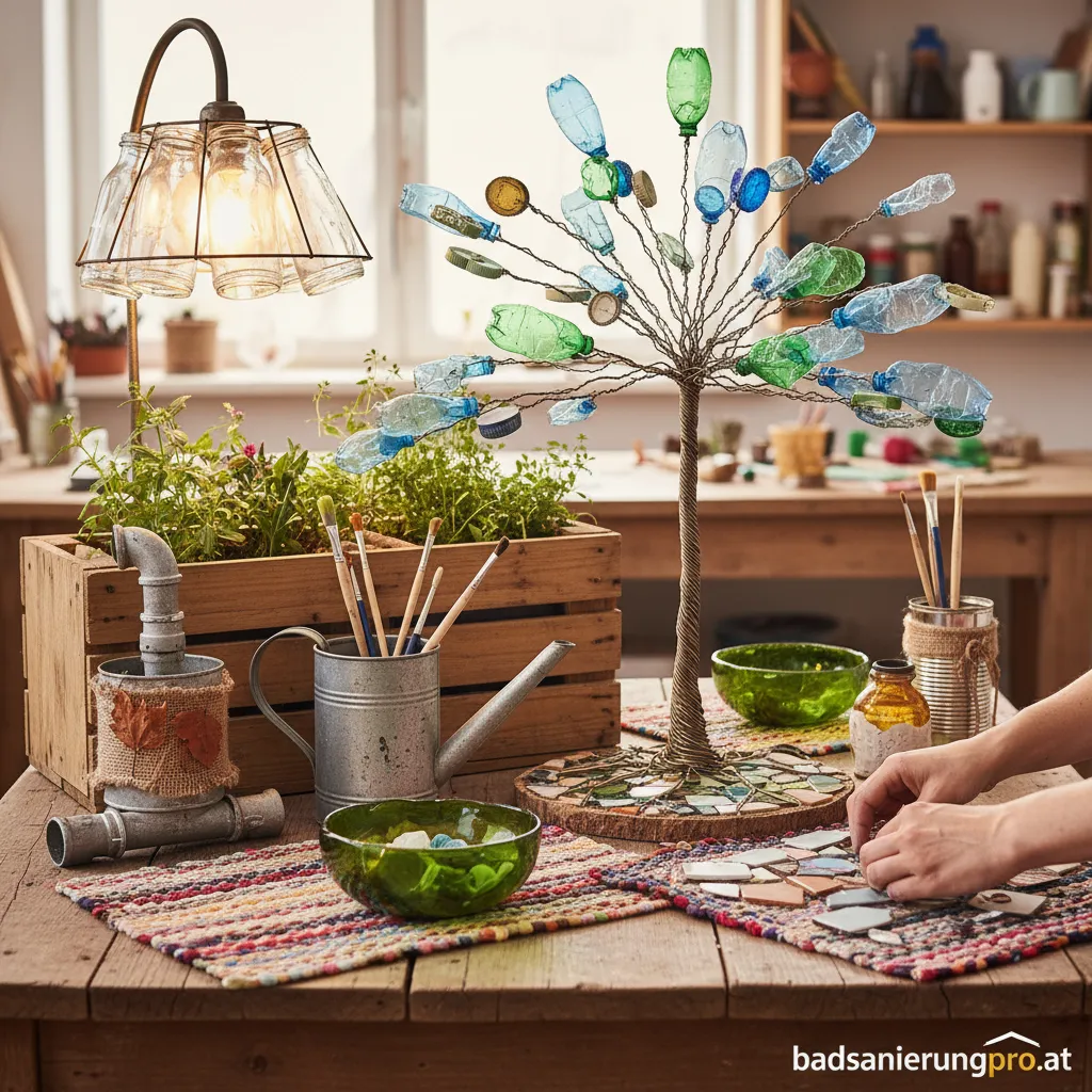 Kreative Vase aus wiederverwendetem Glas, ein Beispiel für das Verwenden von Recycling-Materialien.