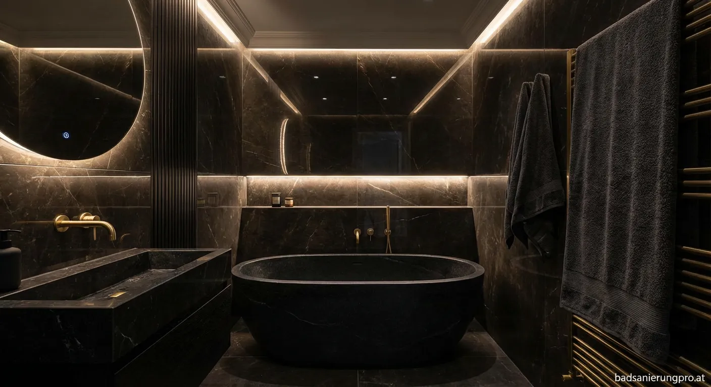 Schwarz dramatisch edel gestaltetes Luxusbad mit moderner Dusche und edlen Armaturen