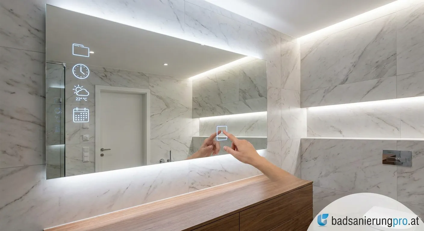 Moderner Smart Mirror im eleganten weißen Badezimmer installiert