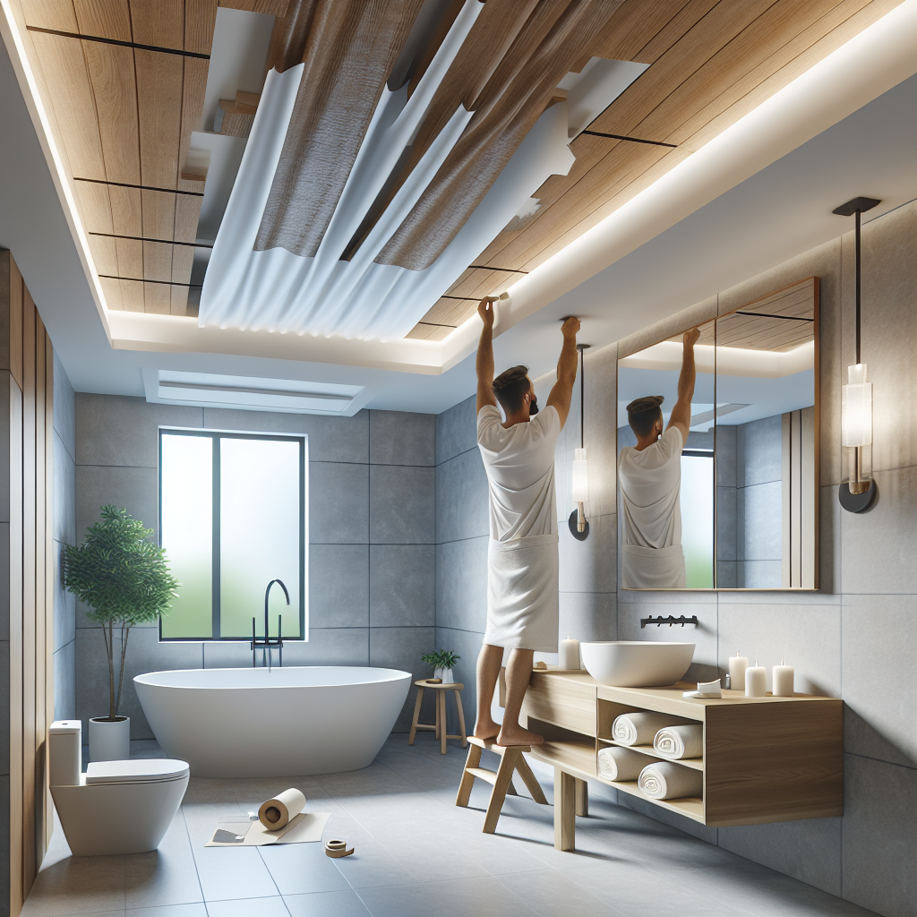 Fachgerechte Montage einer weißen Hochglanz-Spanndecke in einem modernen Badezimmer