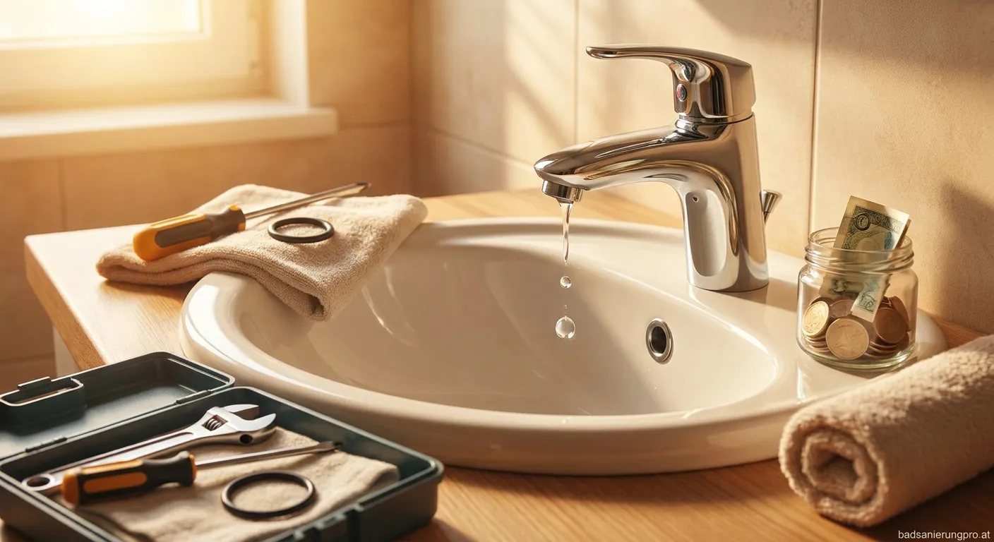 Tropfender Wasserhahn an einem modernen Waschbecken bei der Badsanierung