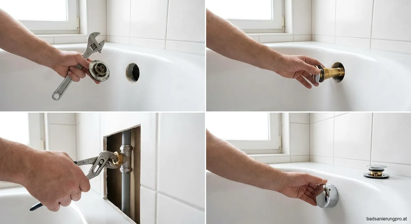 Handwerker montiert professionell eine neue Überlaufgarnitur an einer modernen Badewanne während der Badsanierung