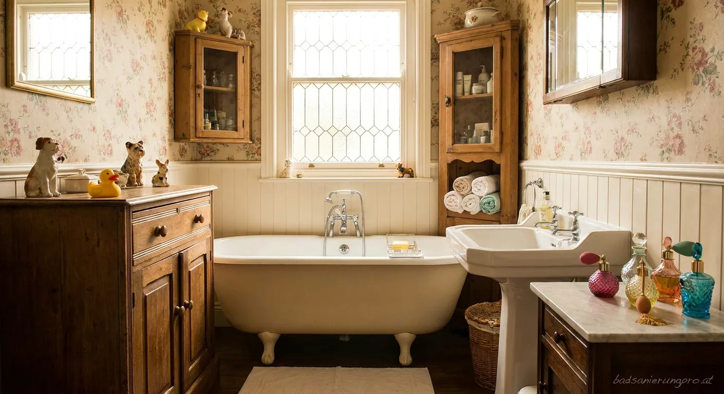 Badezimmer renoviert im Vintage nostalgisch verspielten Design mit freistehender Badewanne