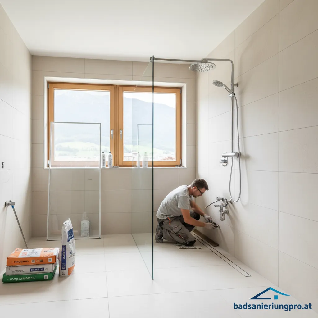 Moderne Walk-in-Dusche nach nachträglichem Einbau in einem Badezimmer in Villach.