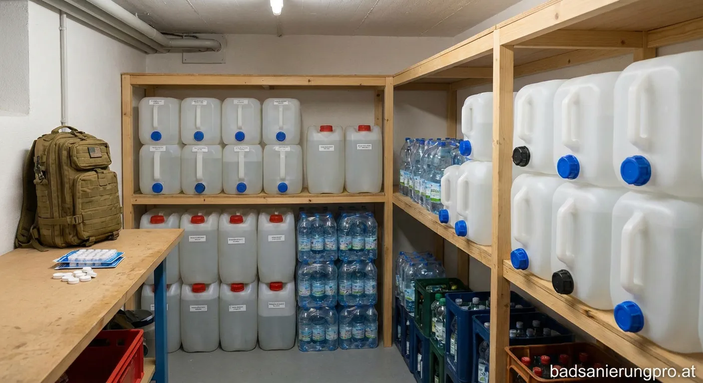 Wasser-Vorrat Notfall: Kanister und Wasserflaschen im Lagerregal