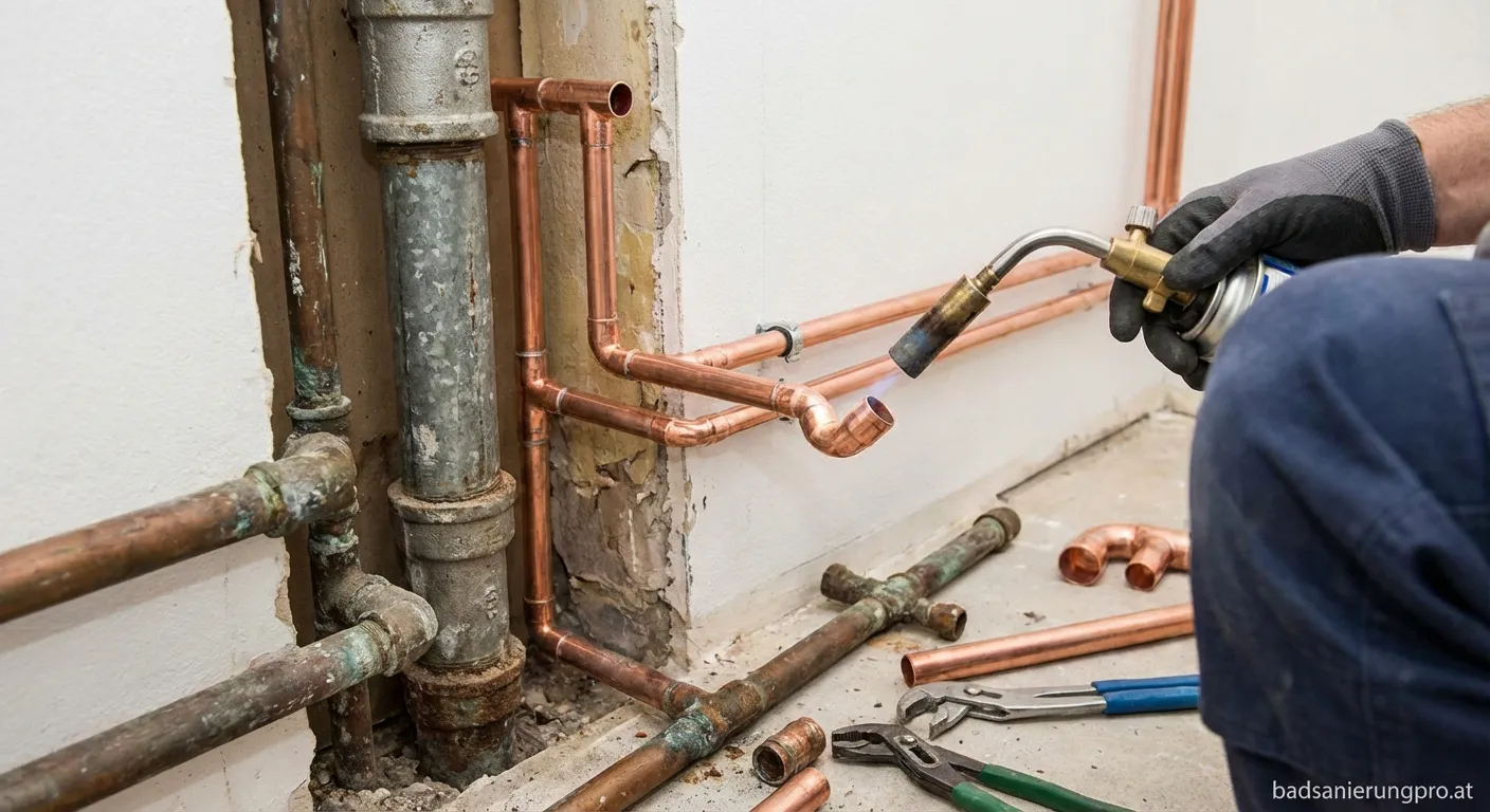 Sanitärinstallateur beim Wasserleitungen erneuern Kupfer mit Presswerkzeug